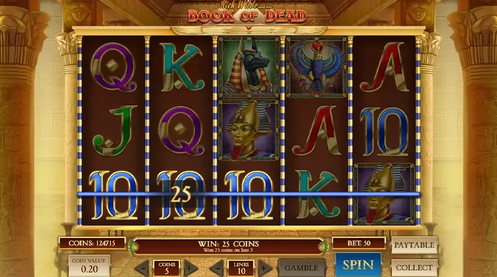 Book of Dead — 5×3 reel grid with 10 active paylines visible in the base game