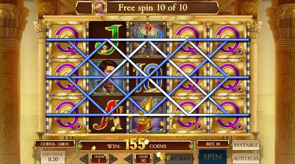 Book of Dead free-spin bonus with the Queen symbol expanded across three reels, paying 155 coins on multiple lines