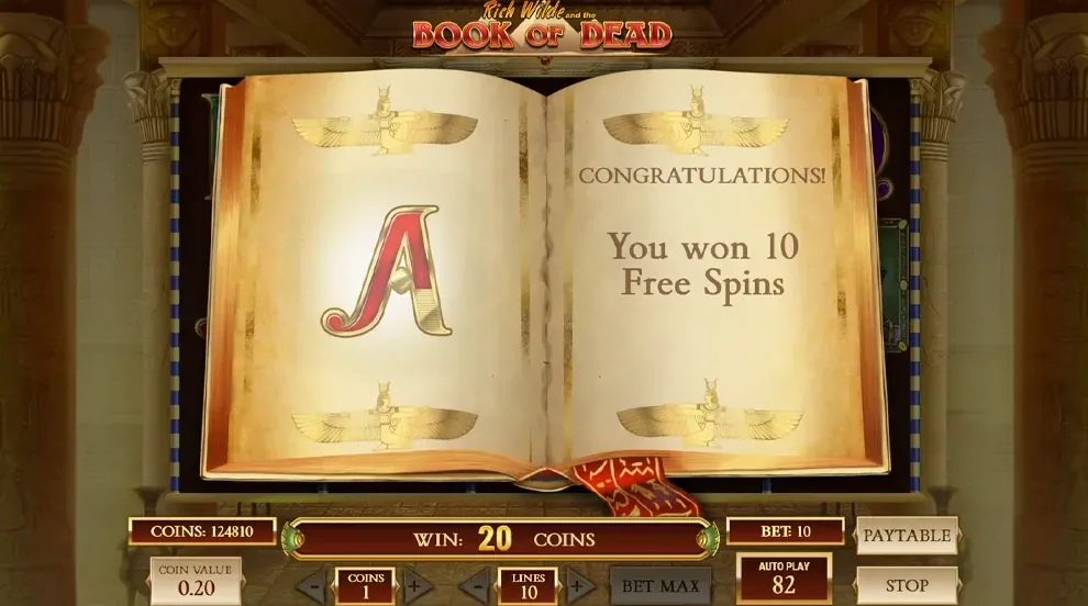 Book of Dead — the open book animation reveals the randomly chosen expanding symbol (letter A) and awards 10 free spins